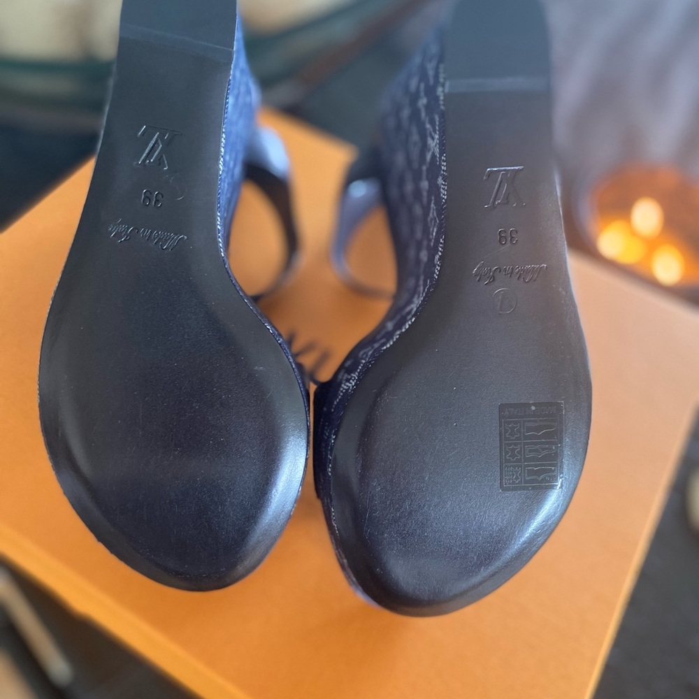 Authentic Louis Vuitton Waterfall Wedge Sandal sz 39 New! Dark Navy Blue Leather - Picture 9 of 16